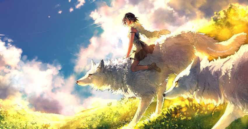 1girl animal bare_arms black_eyes black_hair clouds facial_tattoo grass mononoke_hime riding san short_hair sky solo tattoo wenqing_yan wolf yellow_eyes