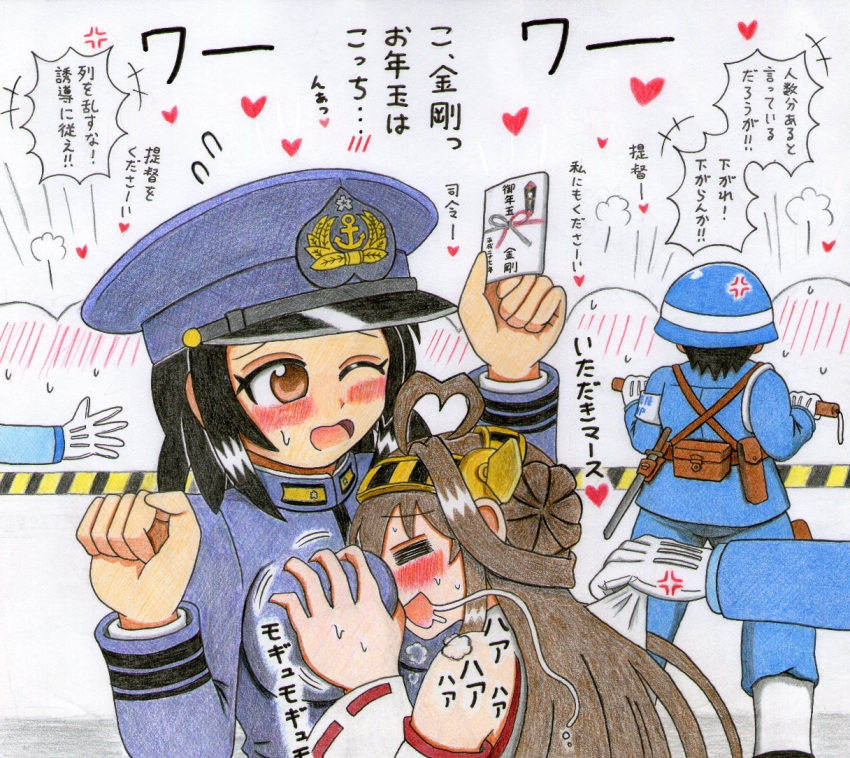 ahoge barricade blush breast_grab brown_hair comic detached_sleeves drooling female_admiral_(kantai_collection) fujigakubou hairband headgear japanese_clothes kantai_collection kongou_(kantai_collection) long_hair military military_police military_uniform multiple_girls nontraditional_miko traditional_media translation_request uniform