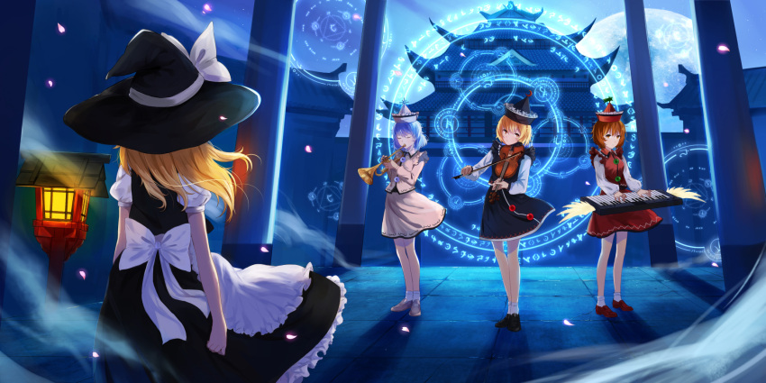 4girls architecture blonde_hair blue_hair bobby_socks bow bow_(instrument) brown_hair closed_eyes east_asian_architecture facing_away hat hat_bow highres instrument keyboard_(instrument) kirisame_marisa lantern loafers long_sleeves looking_at_another lunasa_prismriver lyrica_prismriver magic_circle merlin_prismriver moon multiple_girls night night_sky perfect_cherry_blossom petals playing_instrument puffy_short_sleeves puffy_sleeves red_eyes samizuban shadow shirt shoes short_hair short_sleeves skirt skirt_set sky socks touhou trumpet vest violin white_shirt witch_hat wooden_lantern yellow_eyes