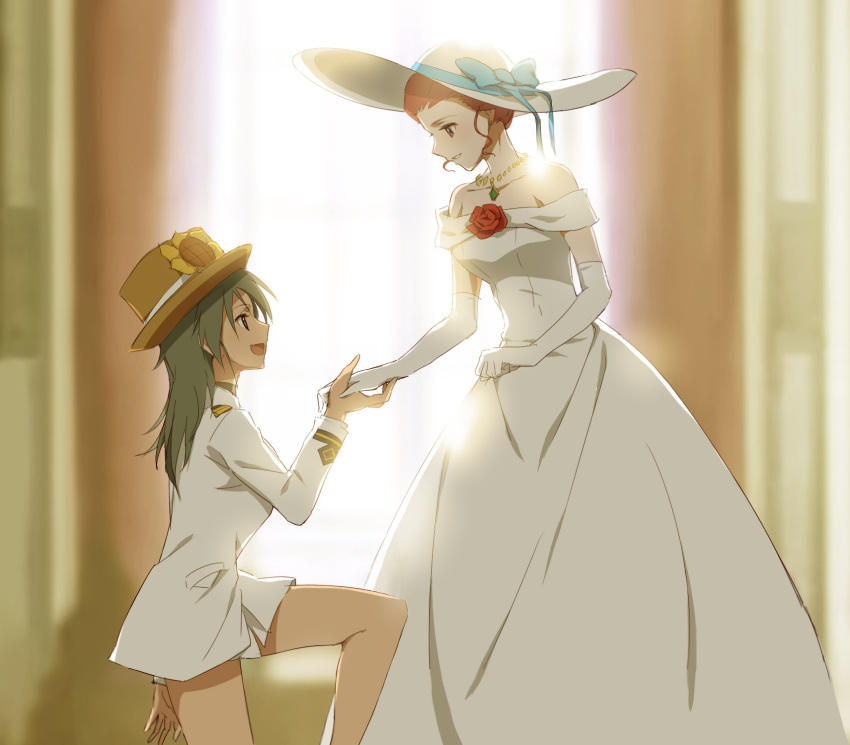 2girls bad_id bare_shoulders black_hair brown_eyes dress elbow_gloves eye_contact flower francesca_lucchini gloves hands_together hat highres kisetsu kneeling long_hair looking_at_another maria_pier_di_romagna multiple_girls older open_mouth orange_hair redhead revision rose smile strike_witches