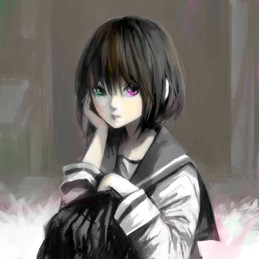 1girl arm_rest arm_support black_hair green_eyes grey_background greyscale hand_on_own_face heterochromia lips long_sleeves monochrome nyanpe original parted_lips school_uniform serafuku short_hair simple_background solo violet_eyes