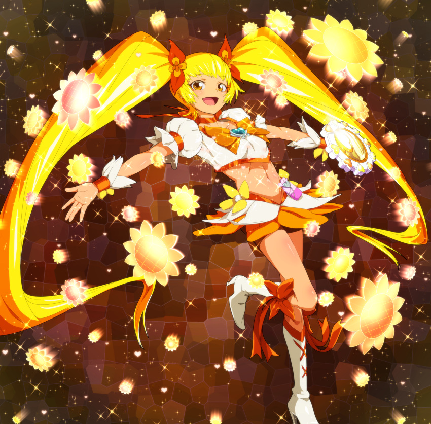 1girl absurdres blonde_hair boots choker cure_sunshine earrings eyelashes hair_ornament hair_ribbon happy heartcatch_precure! high_heels highres jewelry knee_boots kneehighs long_hair looking_at_viewer magical_girl midriff myoudouin_itsuki navel open_mouth precure puffy_sleeves ribbon shirt skirt smile solo twintails uganda wrist_cuffs yellow_eyes yellow_skirt