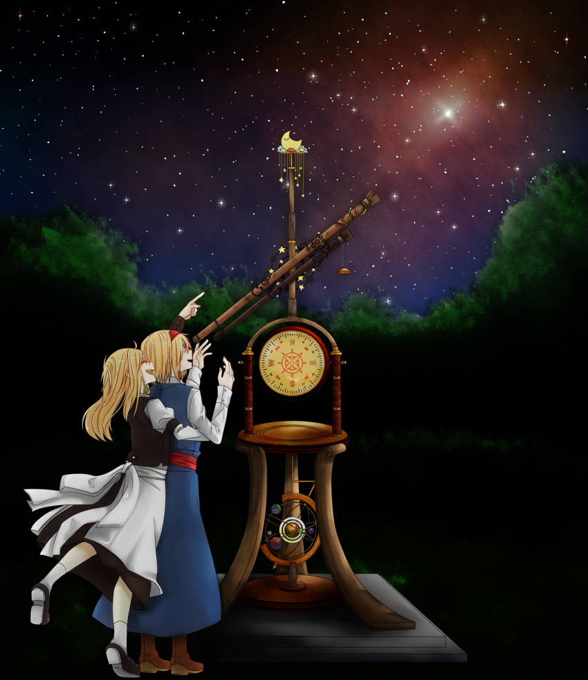 2girls absurdres alice_margatroid apron armband armillary_sphere blonde_hair boots closed_eyes commentary_request compass crescent_moon forest hairband hashiba_ayato highres hug hug_from_behind juliet_sleeves kirisame_marisa long_hair long_sleeves moon multiple_girls nature nebula night no_hat open_mouth outdoors pointing pointing_up puffy_sleeves short_hair skirt skirt_set sky socks standing_on_one_leg star star_(sky) starry_sky telescope touhou waist_apron yuri