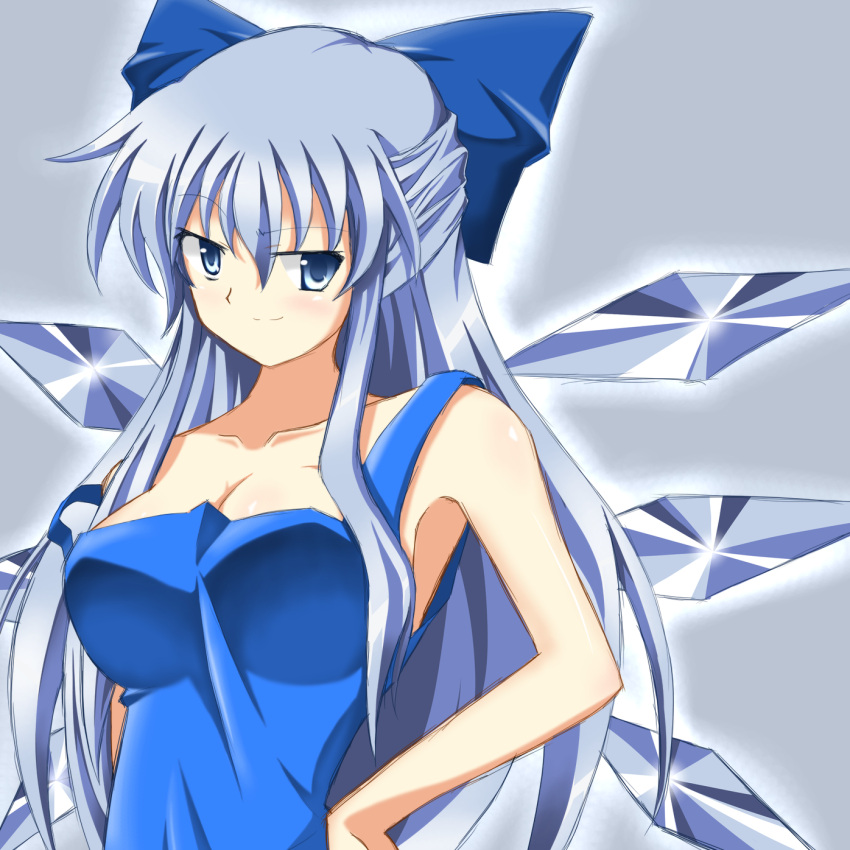 1girl alternate_breast_size alternate_costume alternate_hair_length alternate_hairstyle armpits blue_dress blue_eyes blue_hair breasts cirno collarbone dress female hair_ribbon hands_on_hips highres ice ice_wings large_breasts looking_at_viewer mokkori9 older ribbon smile solo touhou wings