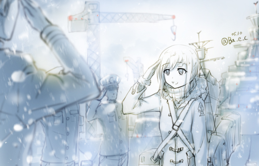 1girl boyogo coat fubuki_(kantai_collection) kantai_collection md5_mismatch open_mouth salute scarf short_hair tagme