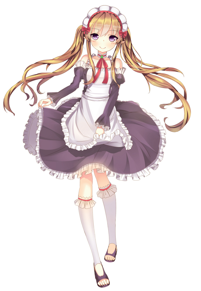 1girl apron blonde_hair blush elf frills full_body highres long_hair looking_at_viewer maid maid_headdress myucel_foalan outbreak_company pointy_ears smile solo twintails violet_eyes white_background