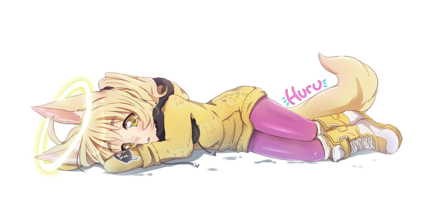 absurdres animal_ears blonde_hair boots dog_ears elin_(tera) halo highres hoodie inuchu long_hair lying mittens on_stomach pantyhose ponytail tail tera_online yellow_eyes