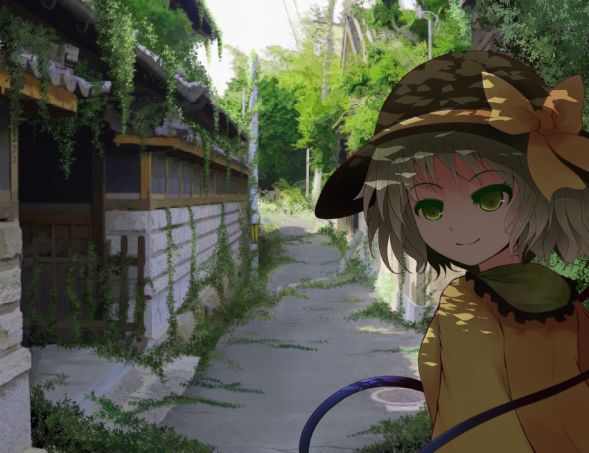 1girl alley arano_oki blouse bow colored_eyelashes frilled_shirt_collar green_eyes green_hair hat hat_bow komeiji_koishi looking_back overgrown photo_background power_lines scenery shade smile solo sun_hat touhou