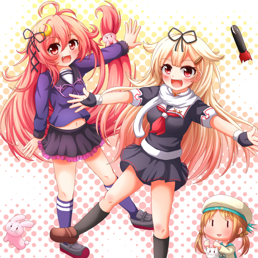 &gt;:3 3girls :3 ahoge blonde_hair blush bunny_hair_ornament cat crescent_hair_ornament error_musume girl_holding_a_cat_(kantai_collection) gloves hair_ornament hair_ribbon hairclip hat highres kantai_collection long_hair looking_at_viewer multiple_girls open_mouth outstretched_arms red_eyes redhead ribbon school_uniform serafuku shiruzu_(sk10102194) skirt smile socks straight_hair torpedo triangle_mouth twintails uzuki_(kantai_collection) yuudachi_(kantai_collection)