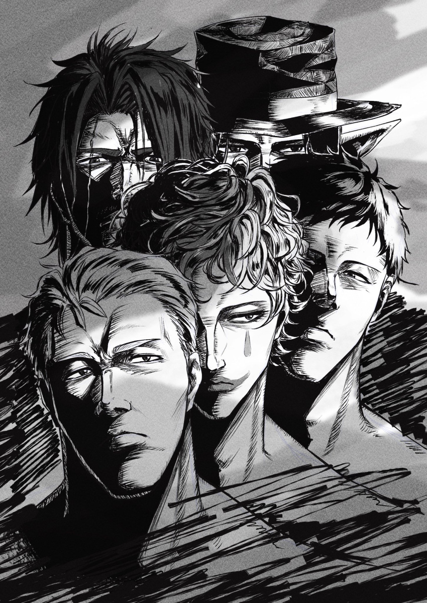 5boys belmond_banderas eyebrows_behind_hair facial_mark frown greyscale hanabatake_chaika hat highres joe_rikiichi lipstick maimoto_keisuke makeup male_focus monochrome multiple_boys nijisanji parody pointy_ears scar scar_across_eye serious slam_dunk virtual_youtuber weizen yashiro_kizuku