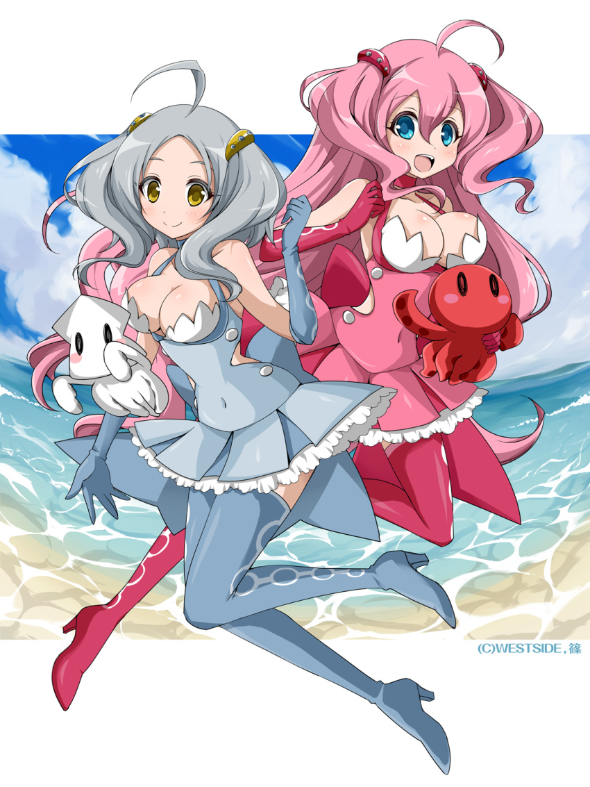 2girls ahoge bare_shoulders beach blue_eyes boots breasts cleavage dress elbow_gloves gloves hair_ornament highres long_hair looking_at_viewer multiple_girls octopus open_mouth original pink_hair sand silver_hair smile squid syno thigh-highs thigh_boots very_long_hair water yellow_eyes