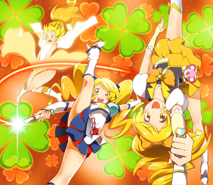 3girls artist_request blonde_hair cure_honey earrings eyelashes happinesscharge_precure! happy henshin highres jewelry long_hair looking_at_viewer magical_girl multiple_girls multiple_persona oomori_yuuko open_mouth ponytail popcorn_cheer precure puffy_sleeves shirt skirt smile source_request tagme twintails yellow_eyes