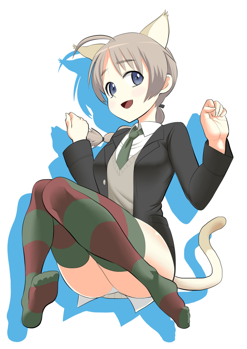 1girl animal_ears blue_eyes brown_hair cat_ears cat_tail highres lynette_bishop panties solo strike_witches striped striped_legwear tail thigh-highs underwear