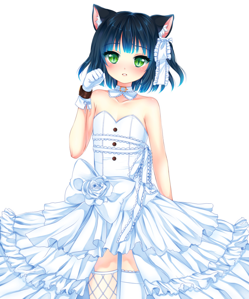 1boy animal_ears black_hair blush cat_ears crossdressinging dress flat_chest gloves green_eyes highres male one_side_up parted_lips ryoune_yami short_hair simple_background solo thighhighs trap utau wedding_dress white_background white_gloves white_legwear xnamii