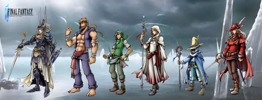 1girl 5boys abs absurdres armor bandages bandana barefoot beard black_mage blonde_hair boots brown_hair cape character_name commentary copyright_name dissidia_final_fantasy earrings facial_hair feathers final_fantasy hat height_difference highres isaiah_amancio jewelry knight long_image monk monk_(final_fantasy) multiple_boys muscle nomura_tetsuya nomura_tetsuya_(style) official_style ponytail red_mage robe shield smile standing striped striped_pants sword thief_(final_fantasy) warrior_of_light weapon white_mage wide_image witch_hat yellow_eyes