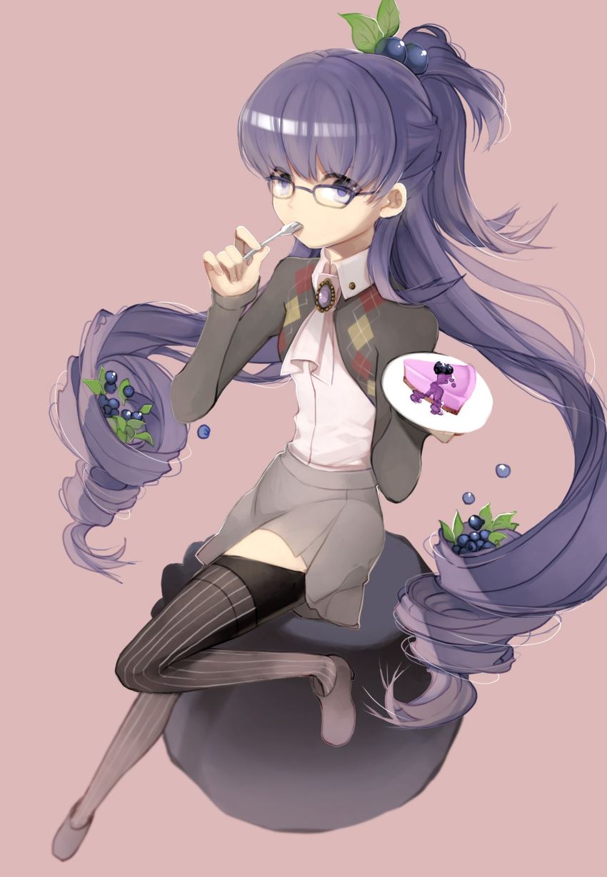1girl absurdres black_legwear blueberry curly_hair eating food fruit glasses half_updo highres kimijima0301 long_hair necktie original pie plate purple_background purple_hair shoes skirt solo striped striped_legwear thigh-highs twintails vertical-striped_legwear vertical_stripes violet_eyes