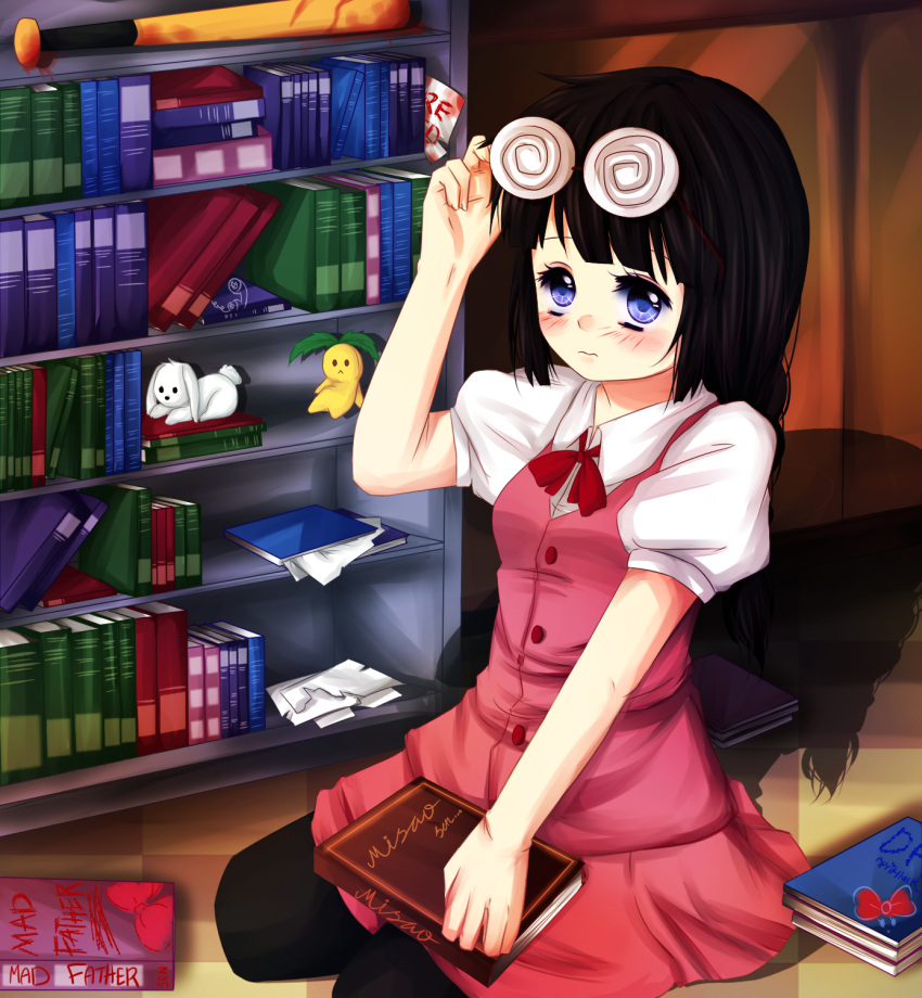 1girl april4luck bangs baseball_cap black_hair blood blue_eyes blush book bookshelf braid buttons collared_shirt copyright_name glasses_on_head hat highres holding library_(misao) long_hair looking_at_viewer miniskirt misao pink_miniskirt pink_skirt plush red_ribbon ribbon school_uniform seiza single_braid sitting skirt solo thigh-highs wavy_mouth