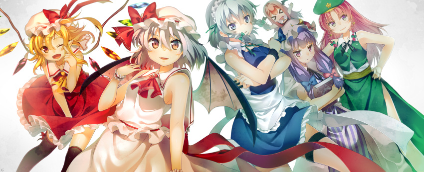 &gt;_&lt; 6+girls apron ascot asymmetrical_hair bat_wings between_fingers black_legwear blue_dress book book_hug bow braid chibi chinese_clothes coat crescent crossed_arms dress fangs flandre_scarlet grimoire hair_ribbon hands_on_hips hat hat_bow head_wings highres holding holding_book hong_meiling izayoi_sakuya knife koakuma long_hair looking_at_viewer maid maid_headdress mob_cap multiple_girls niwashi_(yuyu) one_eye_closed open_clothes open_coat open_mouth outstretched_arms over-kneehighs patchouli_knowledge pink_dress purple_dress purple_hair red_dress red_eyes redhead remilia_scarlet ribbon sash shirt siblings side_ponytail side_slit silver_hair sisters skirt skirt_set sleeveless sleeveless_dress sleeveless_shirt smile star striped striped_dress thigh-highs thigh_strap touhou tress_ribbon twin_braids very_long_hair vest violet_eyes waist_apron wings wink wrist_cuffs zettai_ryouiki