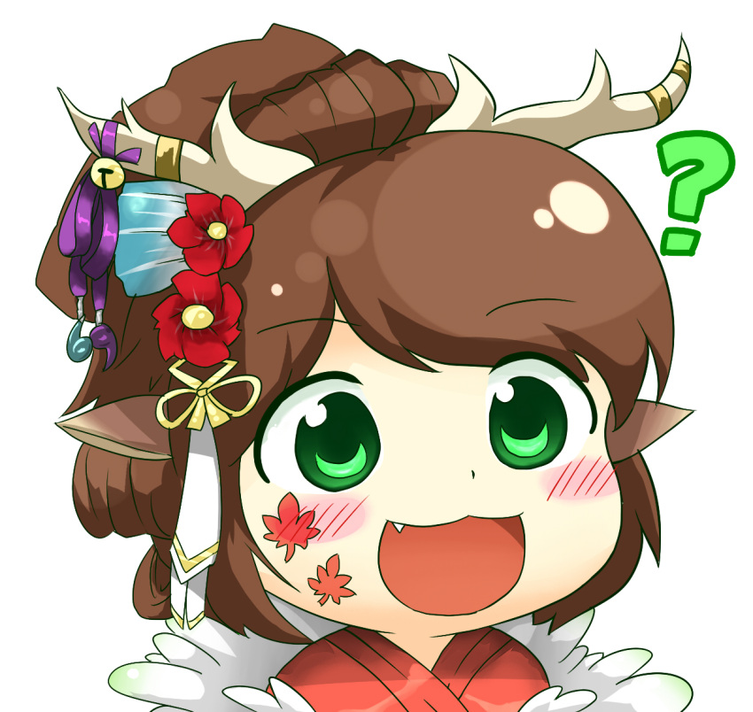 1girl :3 ? animal_ears antlers bell blush brown_hair deer_ears facial_mark flower green_eyes gyate_gyate hair_flower hair_ornament jewelry jingle_bell kanchigai kano_(p&amp;d) leaf long_hair maple_leaf open_mouth ponytail puzzle_&amp;_dragons red_flower ribbon simple_background smile solo white_background