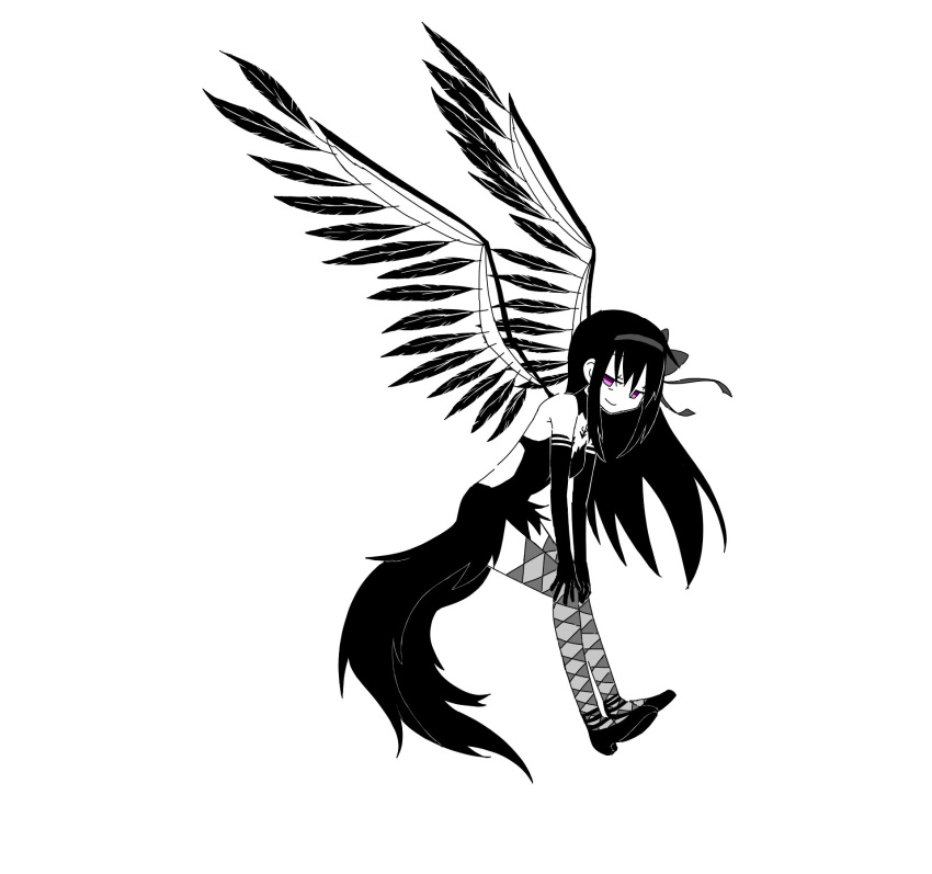 1girl akemi_homura akuma_homura argyle argyle_legwear bare_shoulders black_gloves black_hair bow choker dress elbow_gloves feathered_wings gloves hair_bow hands_on_knees high_heels highres long_hair looking_at_viewer mahou_shoujo_madoka_magica mahou_shoujo_madoka_magica_movie mariel monochrome simple_background smile solo spoilers thigh-highs violet_eyes white_background wings zettai_ryouiki