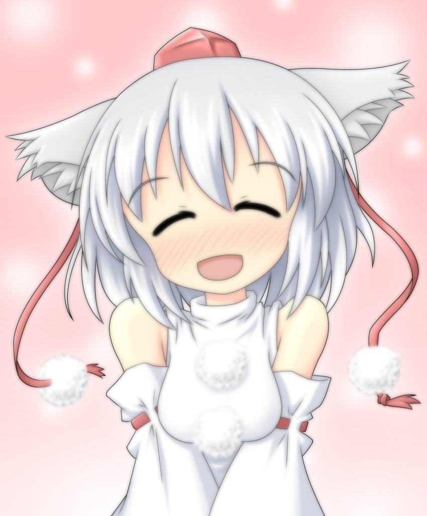 1girl animal_ears bare_shoulders blush breasts closed_eyes detached_sleeves happy hat highres inubashiri_momiji meitou_muku open_mouth pom_pom_(clothes) short_hair silver_hair smile solo tokin_hat touhou v_arms wolf_ears