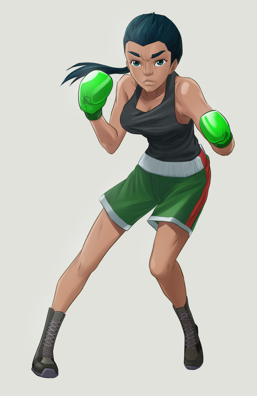 1girl black_hair boots boxing_gloves breasts cross-laced_footwear dark_skin eyebrows fighting_stance genderswap green_eyes grey_background highres jiffic lace-up_boots little_mac long_hair ponytail punch-out!! shorts solo super_smash_bros. tank_top thick_eyebrows