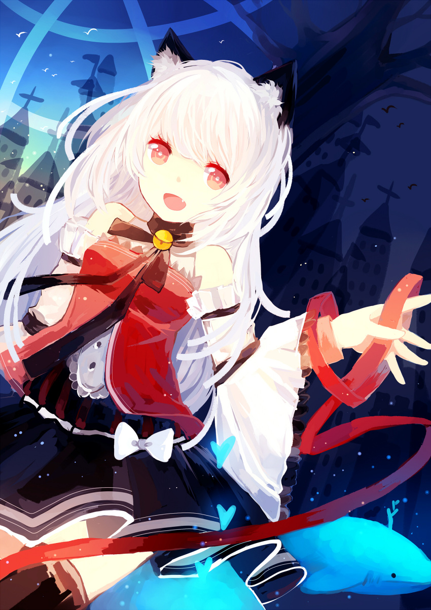 1girl animal_ears bare_shoulders bell bell_collar cat_ears collar detached_sleeves fang heart highres long_hair looking_at_viewer open_mouth original prophet_heart red_eyes ribbon smile solo whale white_hair