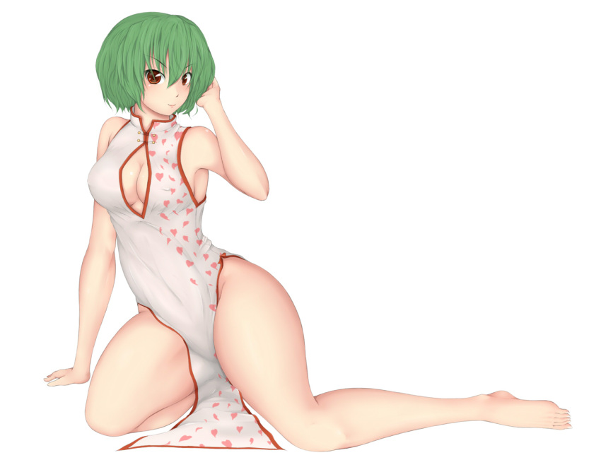 1girl alternate_costume arm_support bare_shoulders barefoot breasts china_dress chinese_clothes cleavage cleavage_cutout cookin covered_navel curvy dress feet green_hair hand_on_own_head heart kazami_yuuka large_breasts legs looking_at_viewer naughty_face no_panties red_eyes short_hair sideboob sleeveless sleeveless_dress smile solo thick_thighs thighs touhou wide_hips