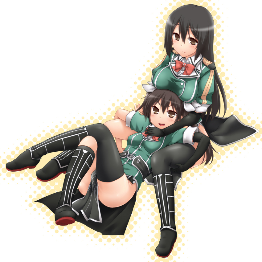 2girls ass belt black_gloves black_hair black_legwear bow breast_rest breasts brown_eyes censored chikuma_(kantai_collection) convenient_censoring elbow_gloves gloves hair_ribbon highres kantai_collection large_breasts long_hair lying_on_lap multiple_girls no_panties open_mouth ribbon shirt short_sleeves side_slit sitting skirt small_breasts smile spread_legs thigh-highs tone_(kantai_collection) very_long_hair yoshi_tama zettai_ryouiki