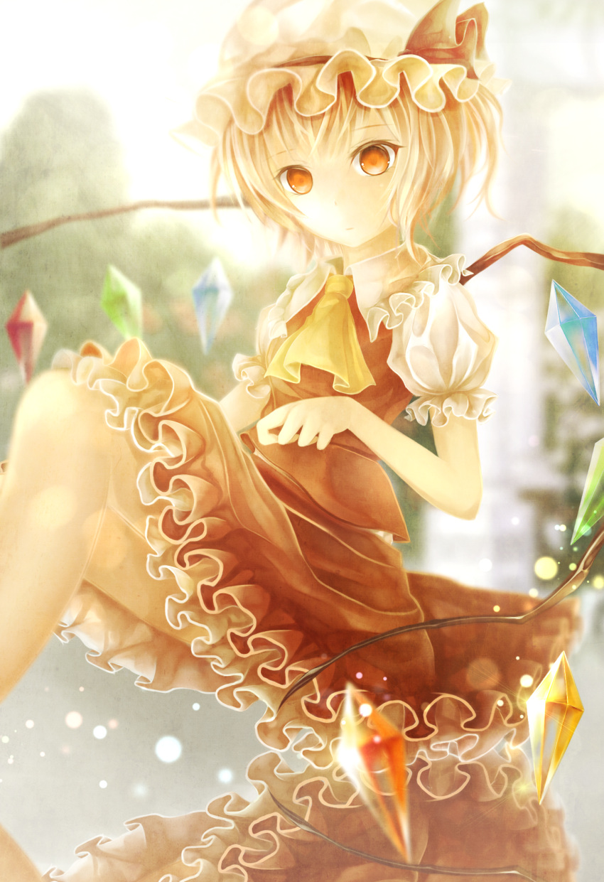 1girl ascot backlighting blonde_hair blurry bow crossed_legs depth_of_field expressionless flandre_scarlet foreshortening frilled_skirt frills hat hat_bow highres light_particles mob_cap puffy_short_sleeves puffy_sleeves red_eyes red_skirt reflection rinne_(kouheiramia) short_hair short_sleeves skirt solo sunlight touhou transparent vest wings