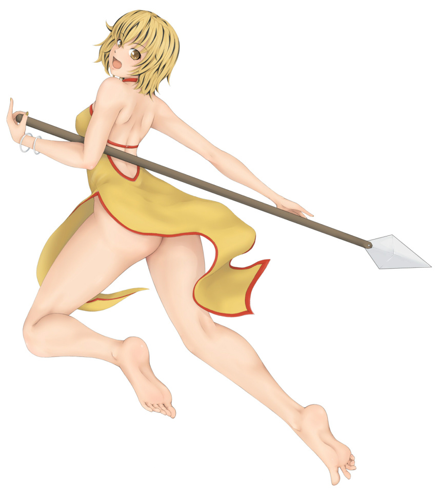 1girl :d alternate_costume barefoot black_hair blonde_hair bracelet breasts china_dress chinese_clothes cookin covered_navel dress feet hair_ornament highres jewelry multicolored_hair open_mouth polearm short_dress short_hair simple_background smile solo spear toramaru_shou touhou weapon white_background yellow_eyes