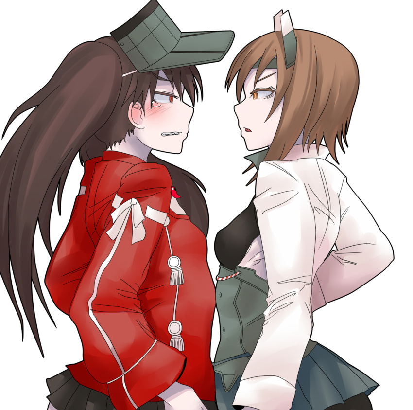 2girls bike_shorts blush brown_eyes brown_hair clenched_teeth dateya_torahachi headband headgear highres kantai_collection long_hair long_sleeves looking_at_another multiple_girls open_mouth pleated_skirt red_eyes ryuujou_(kantai_collection) short_hair simple_background skirt small_breasts taihou_(kantai_collection) tears twintails visor_cap white_background