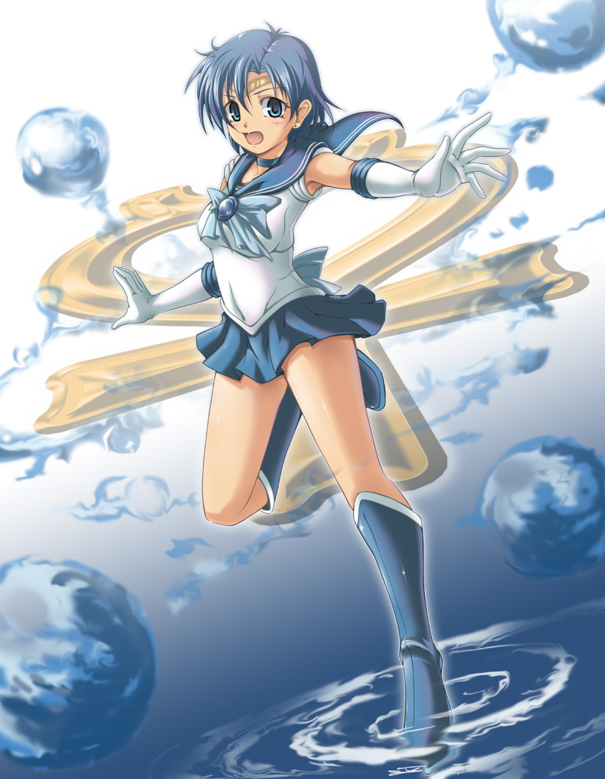 1girl :o bishoujo_senshi_sailor_moon blue_eyes blue_hair blue_skirt boots brooch choker elbow_gloves gloves highres hydrokinesis jewelry knee_boots magical_girl mercury_symbol mizuno_ami pleated_skirt sailor_collar sailor_mercury short_hair skirt solo standing_on_one_leg tanbe tiara water white_gloves
