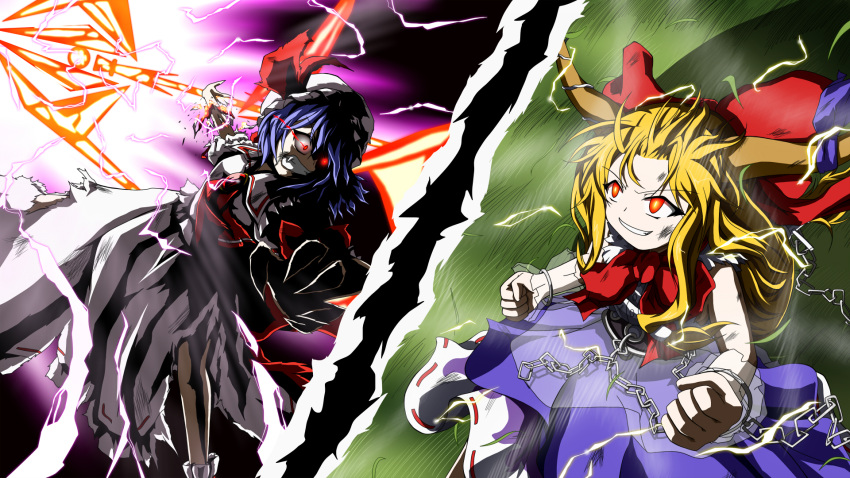 2girls ascot blonde_hair blue_hair bow brooch chain clenched_hands clenched_teeth electricity fangs fingernails glowing glowing_eyes grass grin hair_bow hat highres horn_ribbon horns ibuki_suika jewelry long_hair multiple_girls polearm red_eyes remilia_scarlet ribbon sharp_fingernails short_hair smile spear spear_the_gungnir ten'yoku torn_clothes touhou weapon wind