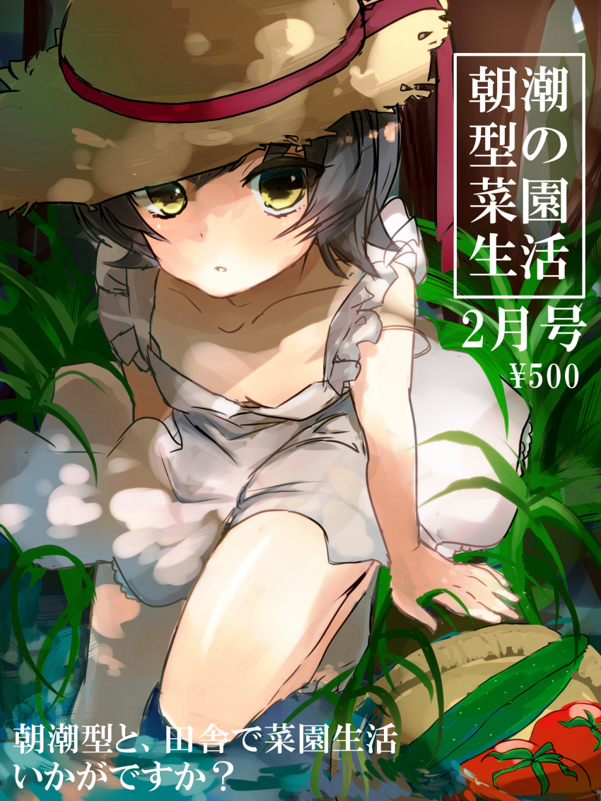 1girl absurdres arare_(kantai_collection) bare_legs basket black_hair collarbone cover cover_page cucumber doujin_cover dress furumachi_kyuu grass hat highres kantai_collection short_hair solo straw_hat sundress tomato water white_dress yellow_eyes