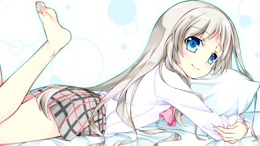 1girl barefoot blue_eyes highres inumine_aya little_busters!! long_hair lying noumi_kudryavka on_stomach pillow plaid plaid_skirt school_uniform silver_hair skirt