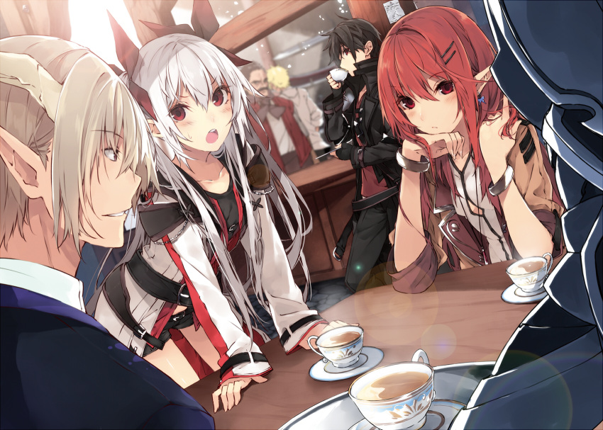 2girls 4boys blonde_hair breasts character_request copyright_request cup drinking highres horns kuwashima_rein multiple_boys multiple_girls pointy_ears red_eyes redhead silver_hair teacup twintails under_boob underboob_cutout vest