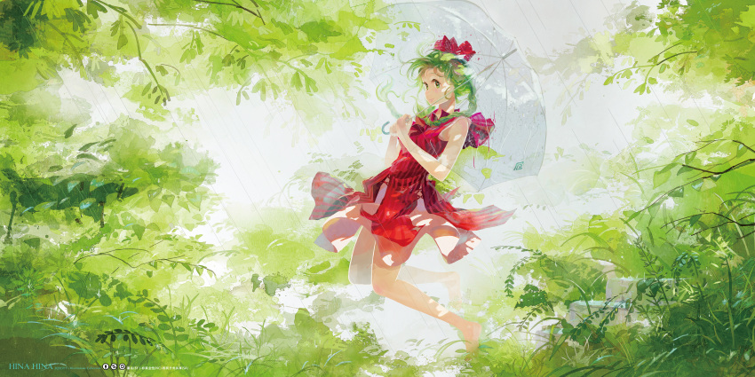 1girl absurdres alternate_hairstyle bare_arms barefoot bow dress forest green_eyes green_hair hair_bow highres jq kagiyama_hina nature rain red_dress sleeveless sleeveless_dress smile solo touhou tree twintails umbrella