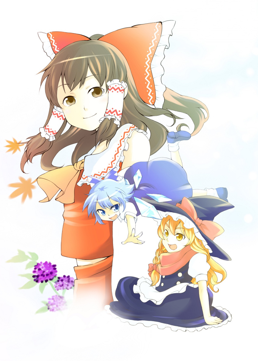 3girls apron ascot blonde_hair blue_eyes blue_hair bow braid brown_eyes brown_hair butterfly_sitting cirno detached_sleeves dress flower flying hair_bow hair_tubes hakurei_reimu hat hat_ribbon head_tilt highres hydrangea kirisame_marisa kouyou_akiko leaf leg_up long_hair looking_at_viewer looking_away maple_leaf multiple_girls open_mouth outstretched_arm payot puffy_short_sleeves puffy_sleeves ribbon short_hair short_sleeves simple_background single_braid sitting skirt skirt_set smile touhou waist_apron white_background wings witch_hat yellow_eyes