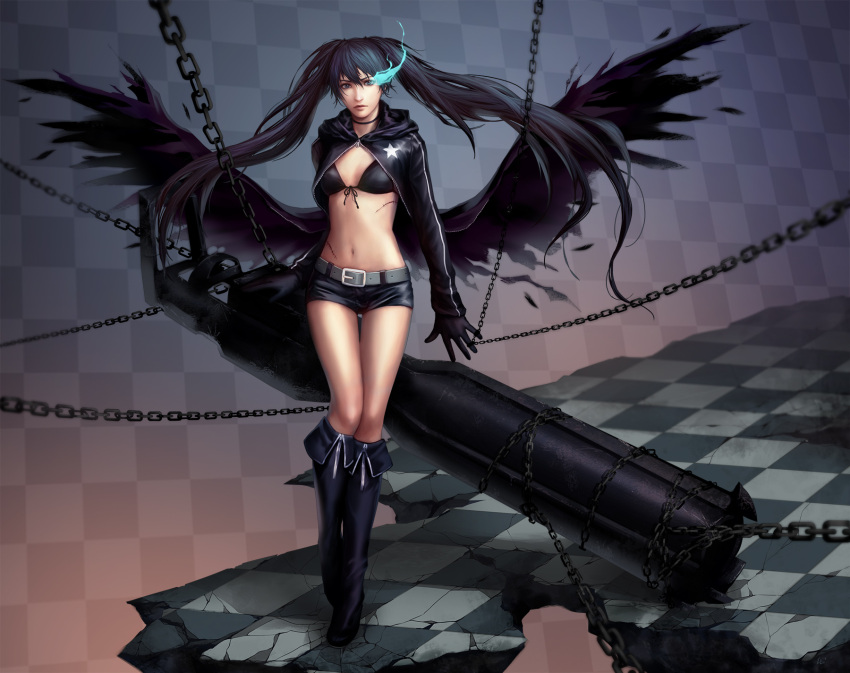 1girl bikini_top black_gloves black_hair black_rock_shooter black_rock_shooter_(character) blue_eyes boots broken_floor cannon chain checkered checkered_floor choker coat gloves glowing glowing_eye highres hood_down huge_weapon knee_boots lips long_hair navel nose realistic scar short_shorts shorts small_breasts solo twintails unodu weapon