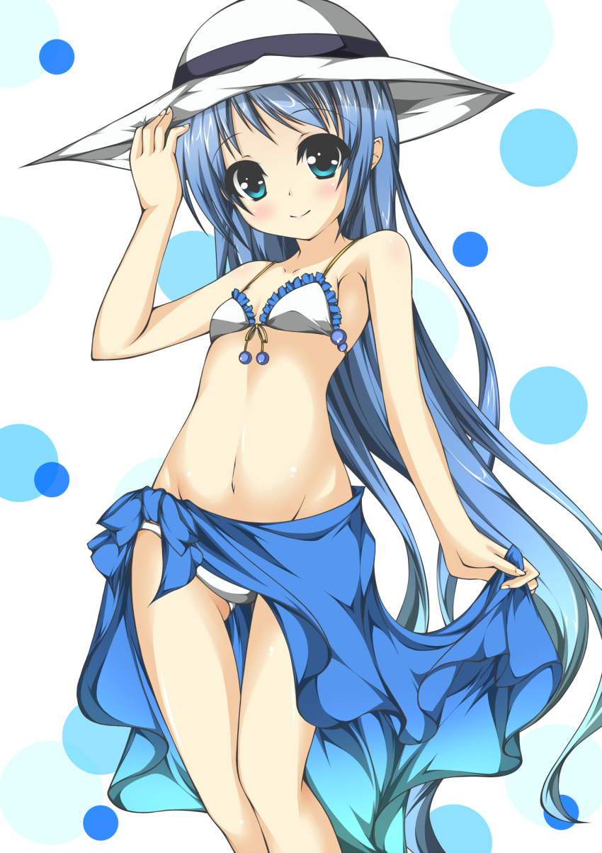 1girl alternate_costume blue_eyes blue_hair flat_chest footprints_(artist) hat highres kantai_collection long_hair personification samidare_(kantai_collection) sarong smile solo sun_hat swimsuit