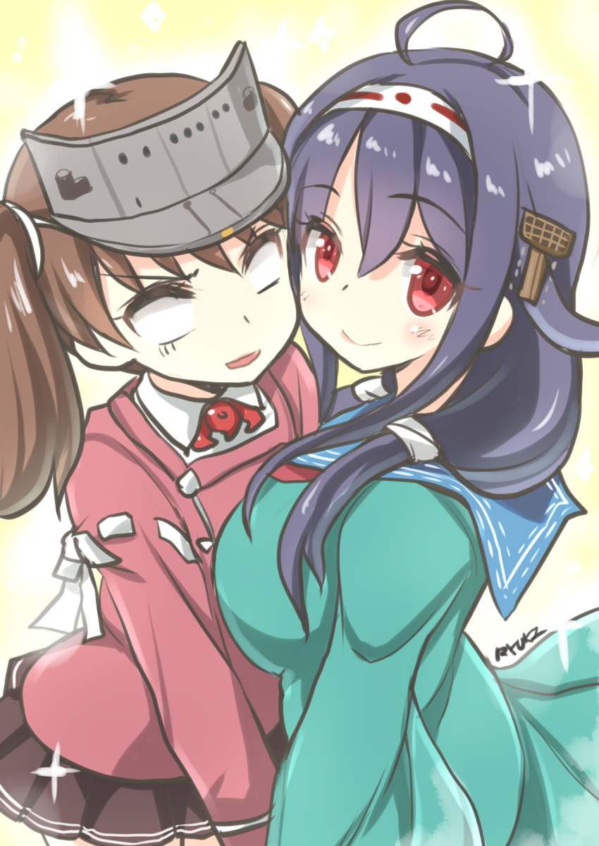 2girls absurdres ahoge asymmetrical_docking blue_hair breast_press breasts brown_hair dress_shirt empty_eyes hair_ornament hairband hairclip highres kantai_collection long_hair looking_at_viewer magatama multiple_girls open_mouth red_eyes ryuki_(ryukisukune) ryuuhou_(kantai_collection) ryuujou_(kantai_collection) shirt skirt skirt_lift sparkle taigei_(kantai_collection) twintails visor_cap