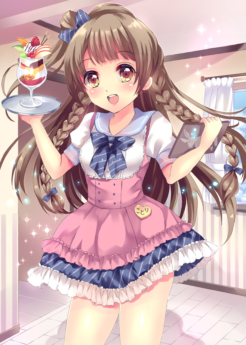 1girl absurdres apron asymmetrical_hair bow braid brown_eyes brown_hair hair_bow highres long_hair looking_at_viewer love_live!_school_idol_project lyric_(hina9111) minami_kotori open_mouth side_ponytail smile solo tray twin_braids waitress