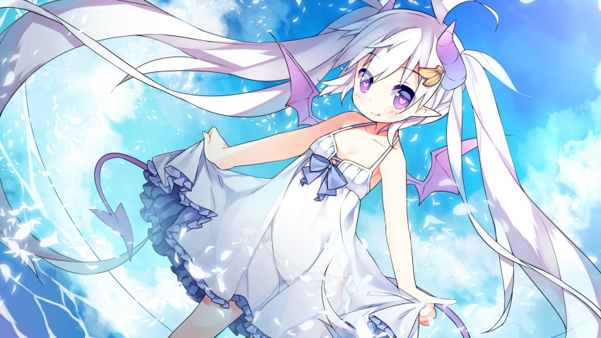 1girl ahoge banana bare_arms blue_sky clouds collarbone curtsey demon_girl demon_tail demon_wings dress fang flat_chest food fruit hair_ornament heart heart-shaped_pupils highres long_hair original panties pointy_ears saru see-through side-tie_panties silver_hair sky sleeveless sleeveless_dress smile solo sundress symbol-shaped_pupils tail twintails underwear very_long_hair violet_eyes water white_dress white_panties wings