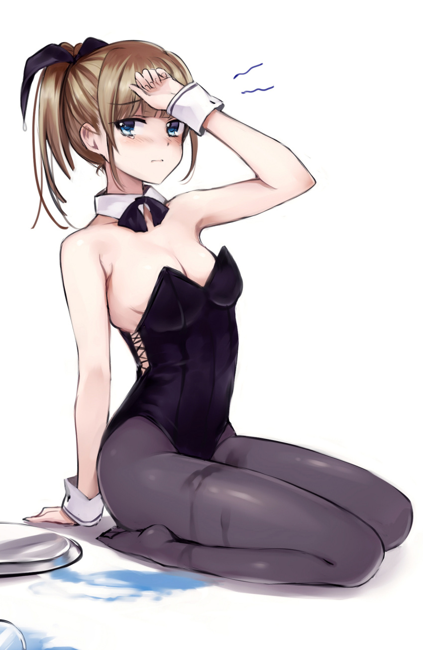 1girl bare_shoulders black_legwear blue_eyes blush breasts brown_hair cleavage detached_collar highres looking_at_viewer original pantyhose ponytail rough short_hair simple_background solo spill takeuchi_aya tears tray white_background wrist_cuffs