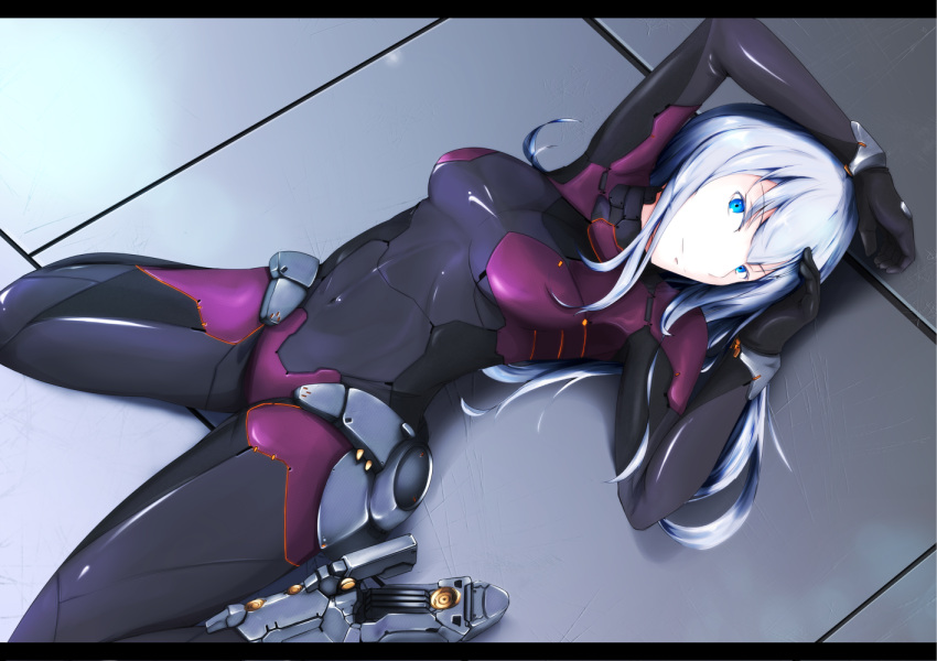 1girl aiyat_@_maotto arm_over_head armor blue_eyes bodysuit high_heels hip_armor letterboxed long_hair lying neon_trim on_back original pilot_suit silver_hair solo