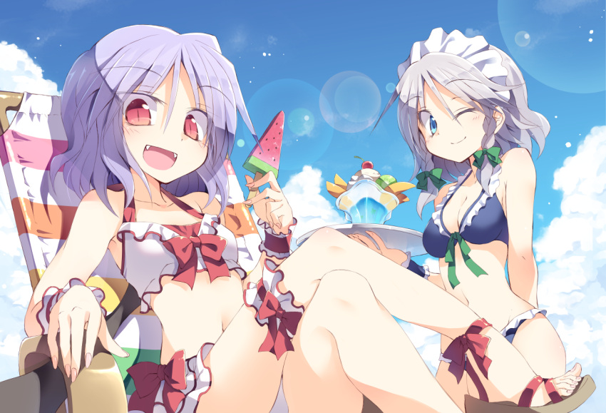 2girls :d alternate_costume beach_chair blue_eyes crossed_legs fangs food holding ice_cream izayoi_sakuya light_particles looking_at_viewer multiple_girls navel no_hat one_eye_closed open_mouth parfait purple_hair red_eyes remilia_scarlet satou_kibi short_hair silver_hair sitting sky smile swimsuit tagme touhou tray wink wrist_cuffs