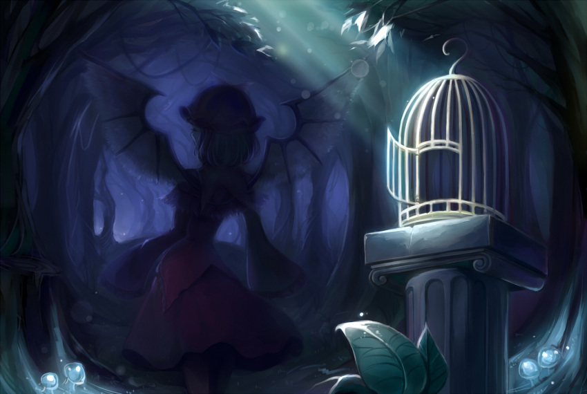 1girl bird_wings birdcage cage capelet closed_eyes facing_away forest from_behind hands_in_sleeves hat layered_dress leaf moonbeam moonlight mystia_lorelei nature night pedestal short_hair silversirius solo touhou water_droplets wide_sleeves