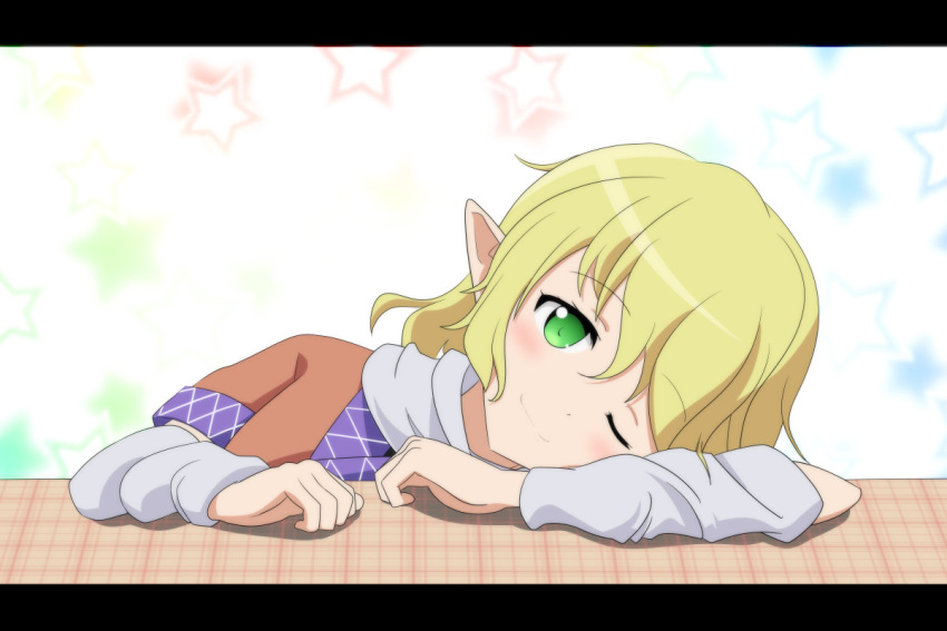 1girl arm_warmers blonde_hair blush cato_(monocatienus) green_eyes head_rest letterboxed looking_at_viewer mizuhashi_parsee one_eye_closed plaid pointy_ears smile solo star starry_background tablecloth tareme touhou wink