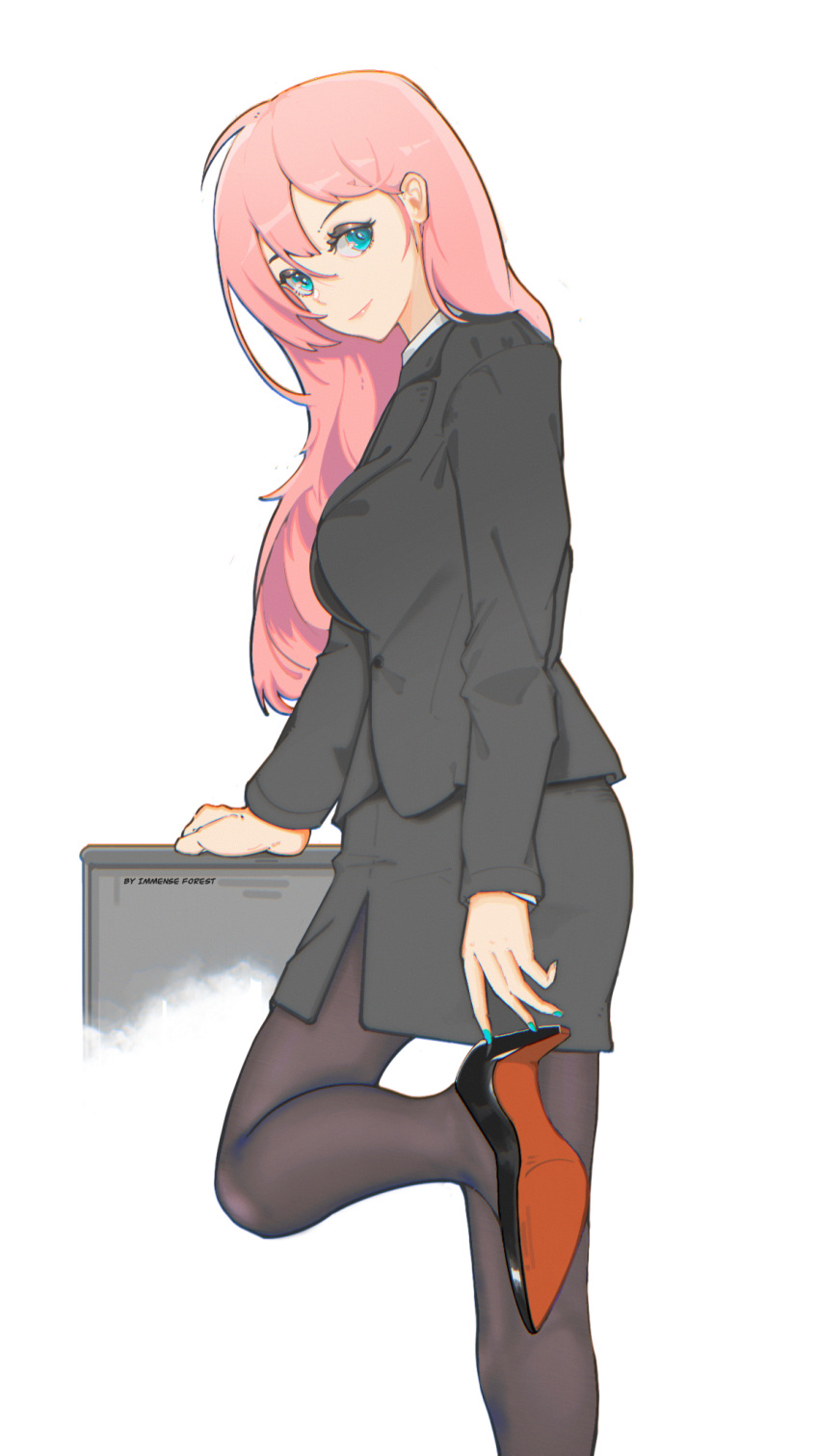 1girl black_footwear black_jacket black_legwear black_skirt blue_eyes breasts christian_louboutin_(brand) formal hair_behind_ear hello_worker_(vocaloid) high_heels highres jacket lin_hai long_hair looking_back looking_to_the_side medium_breasts megurine_luka office_lady pantyhose pencil_skirt skirt smile solo suit vocaloid